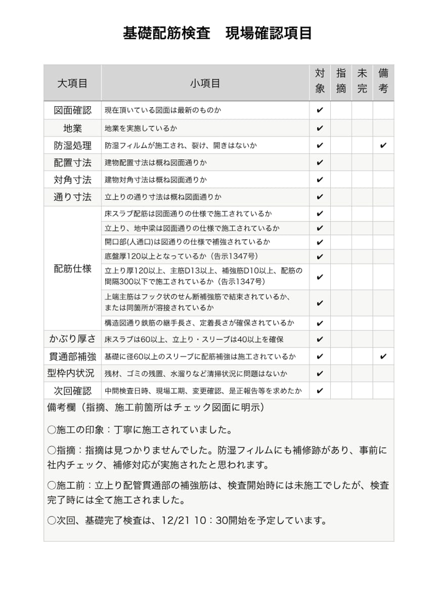 基礎配筋検査の報告書。16項目のチェックリスト